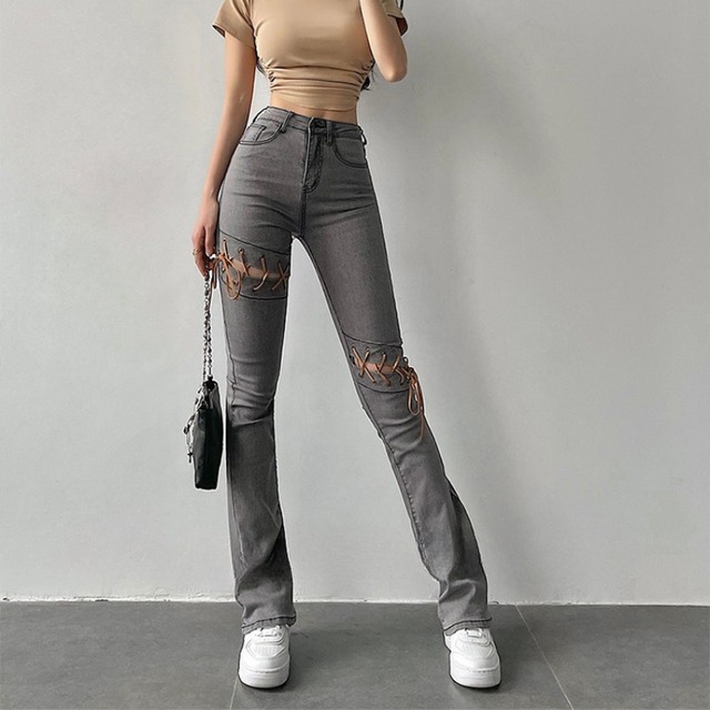 lace-up straight long denim pants la2658