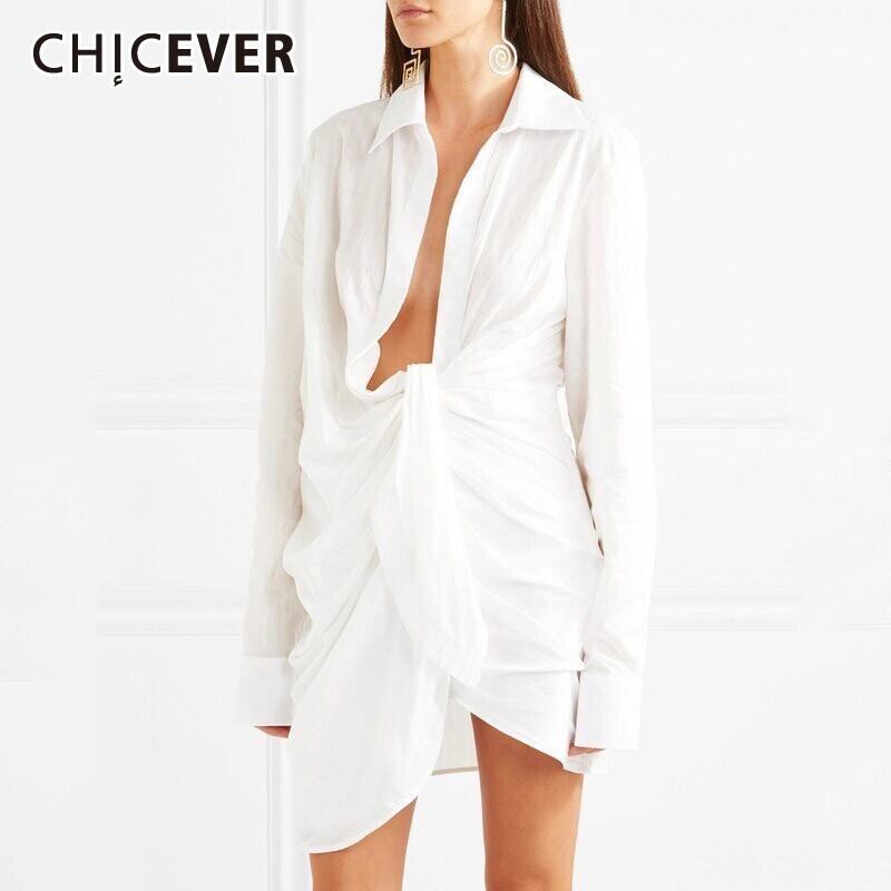 CHICEVERサマーホワイトレディースシャツラペル長袖ホローアウト包帯弓膝丈シャツ2020タイド ロング リボン 夏物 6base534610447543