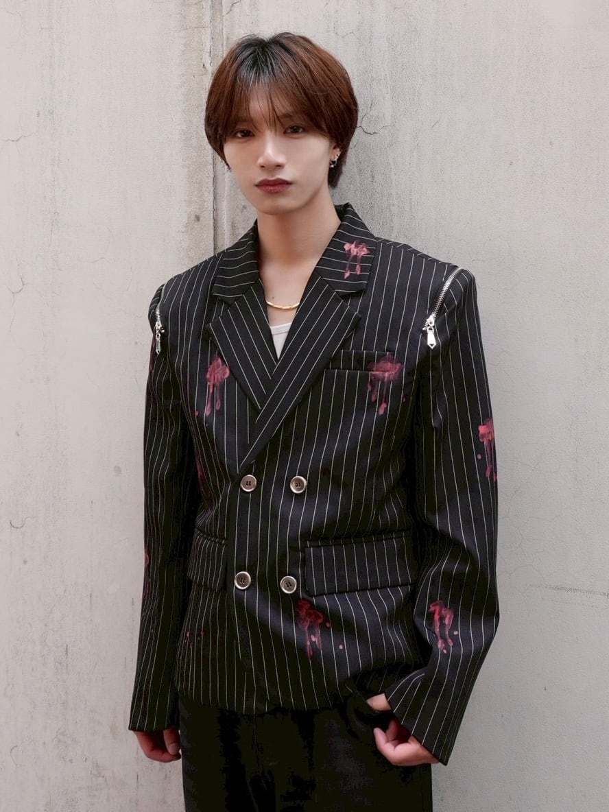 ALUDE SELECT】shoulder zip paint stripe double short jacket