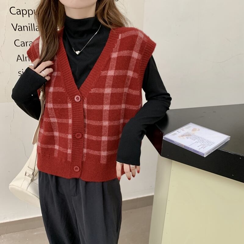 Vネックニットスプリングオータムスタンダードノースリーブ レトロ 春物 秋物 試着室70738660172