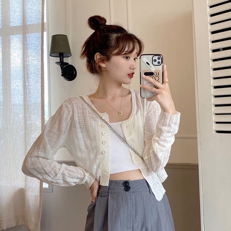 ホワイトニットカーディガンジャケット レディースサマー薄手シャツ ショートトップス 夏物 シルク スーパーモール47855604642