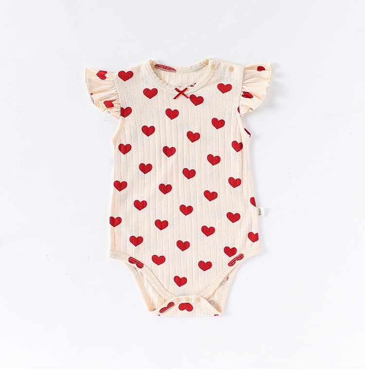 肩フリルリブ透かしコットンロンパース