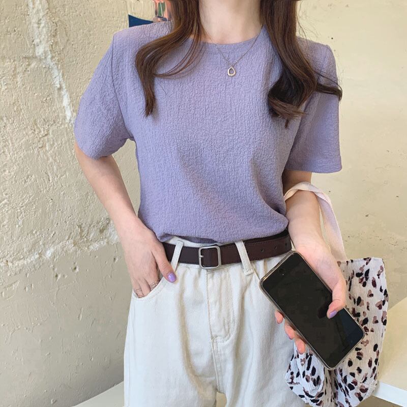 2020年夏の新しいパープルトップ女子学生プリーツ半袖Tシャツネットレッドインスーパーファイヤーボトミングシャツコンピオネート 1号婦人2659608277