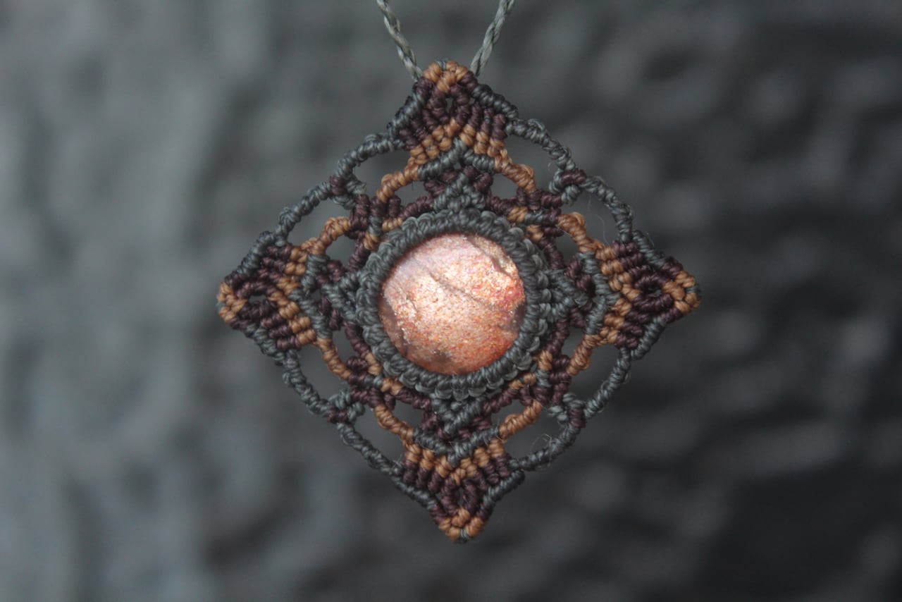 Sunstone micro macrame mandala pendant