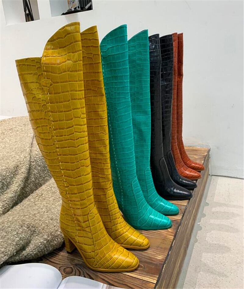 【新作】【送料無料】 レザーブーツブラックホワイトシアンイエローブラウンシックヒールラウンドトゥブーツ 靴 シューズ ラウンドトー 10b323974555599