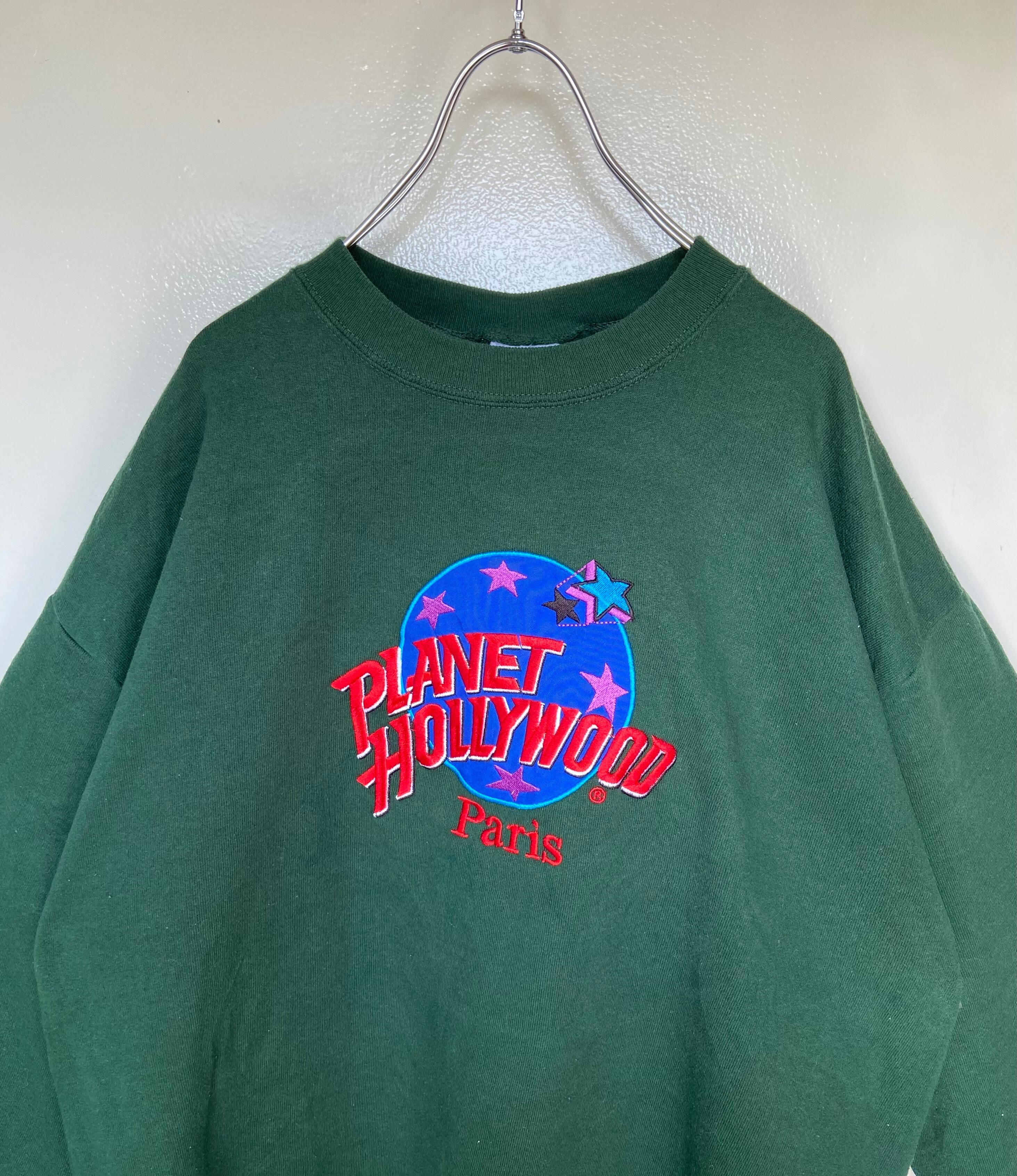 USA製 PLANET HOLLYWOOD/プラネット ハリウッド 刺繍 スウェット 緑 オーバーサイズ