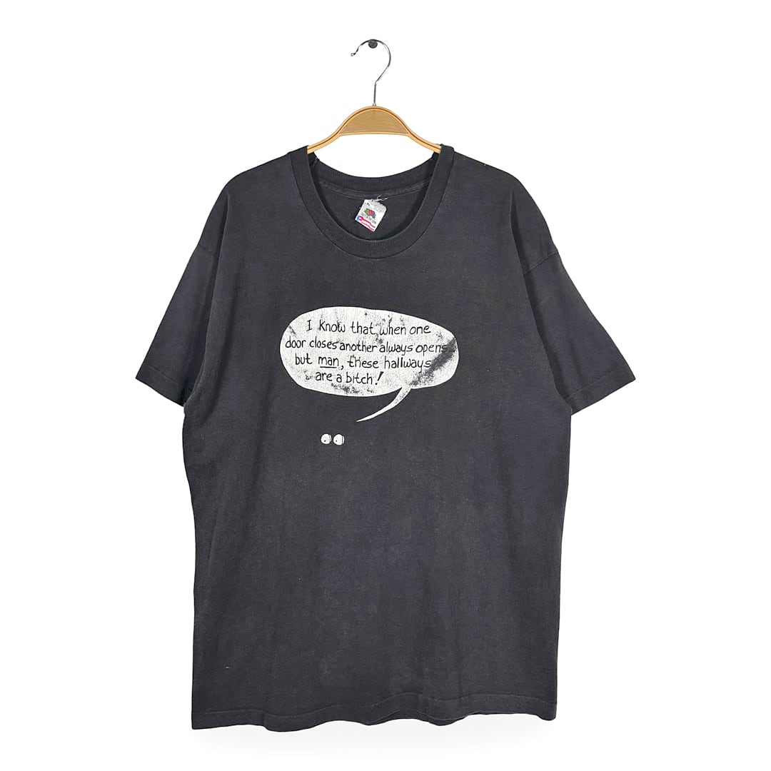 90s 吹き出し メッセージTシャツ USA製 ヴィンテージ Tシャツ ユーモア フェードブラック フルーツオブザルーム シングルステッチ サイズXL BZ0679