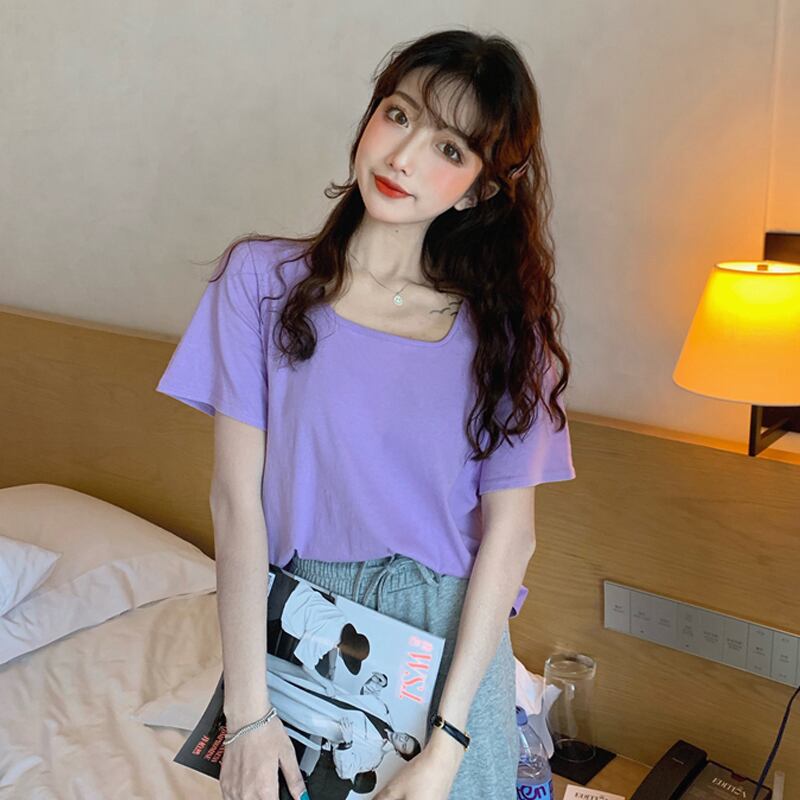 スタイルカラーショートTシャツ サマーレッドトップス 夏物 ピュア パープル スクウェア 試着室55023889847