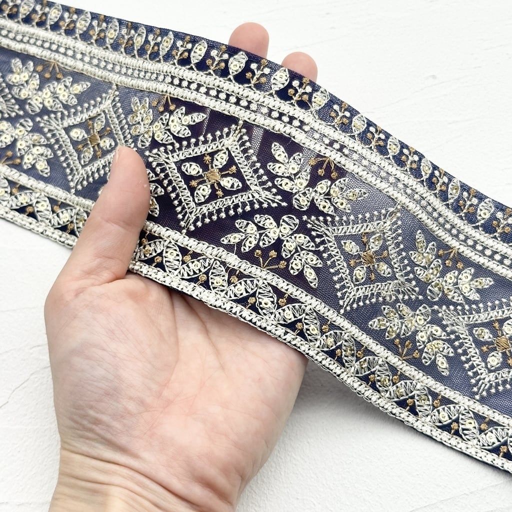 ダイヤクロス [ネイビー］インド刺繍リボン 1671 | インド刺繍リボン
