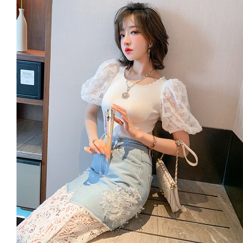 ラウンドネックFlowerデザイン スリムニットTシャツ Oネック フラワーデザイン MIUCO575344921