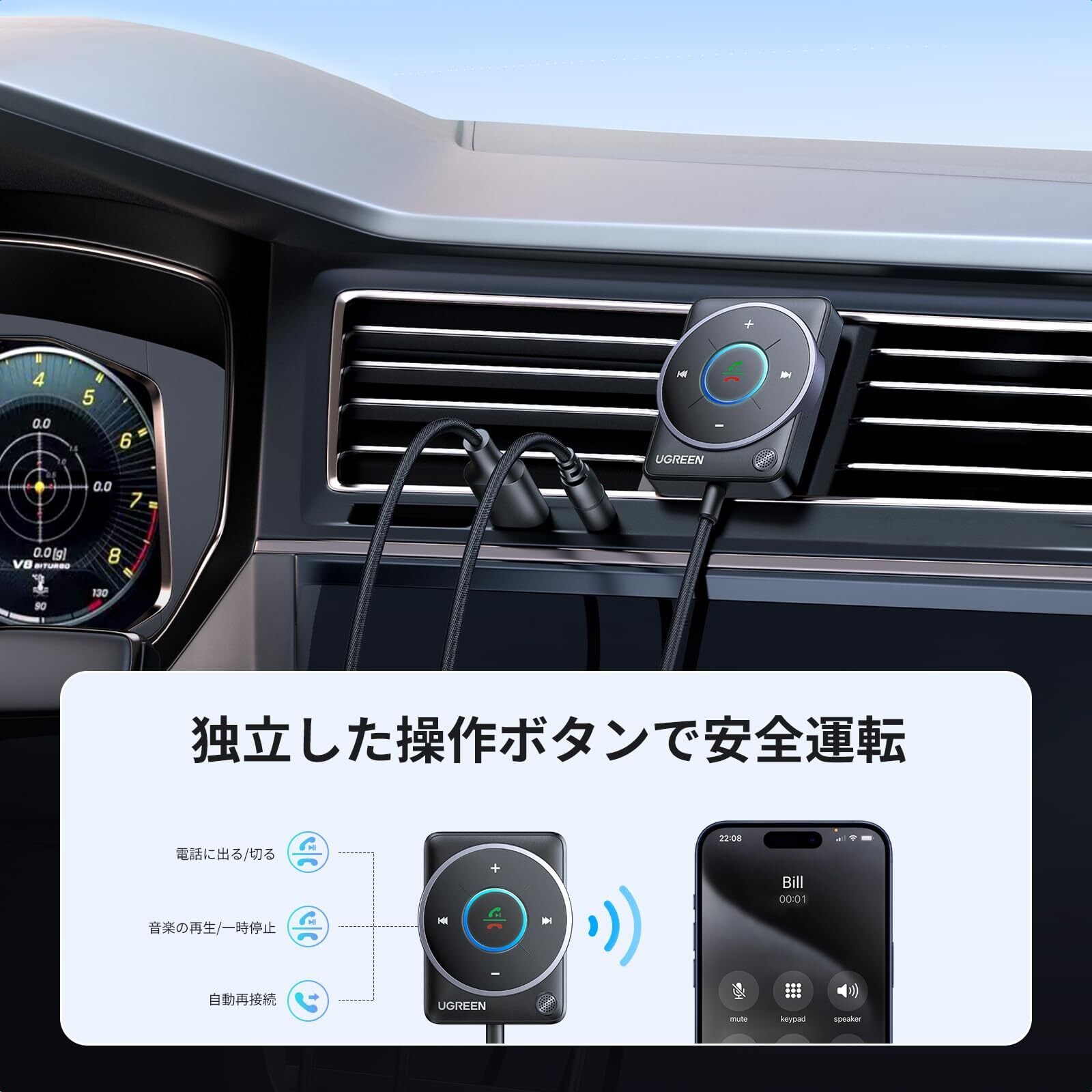 UGREEN 最新Bluetooth 5.4 車載レシーバー、[強化された接続とノイズ