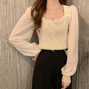 シフォン袖 ニット ブラウス トップス レディース 韓国 春夏秋 きれいめ 大人 かわいい オフィス ビジネス 透け感 おしゃれ カジュアル 大人可愛い 大人女子