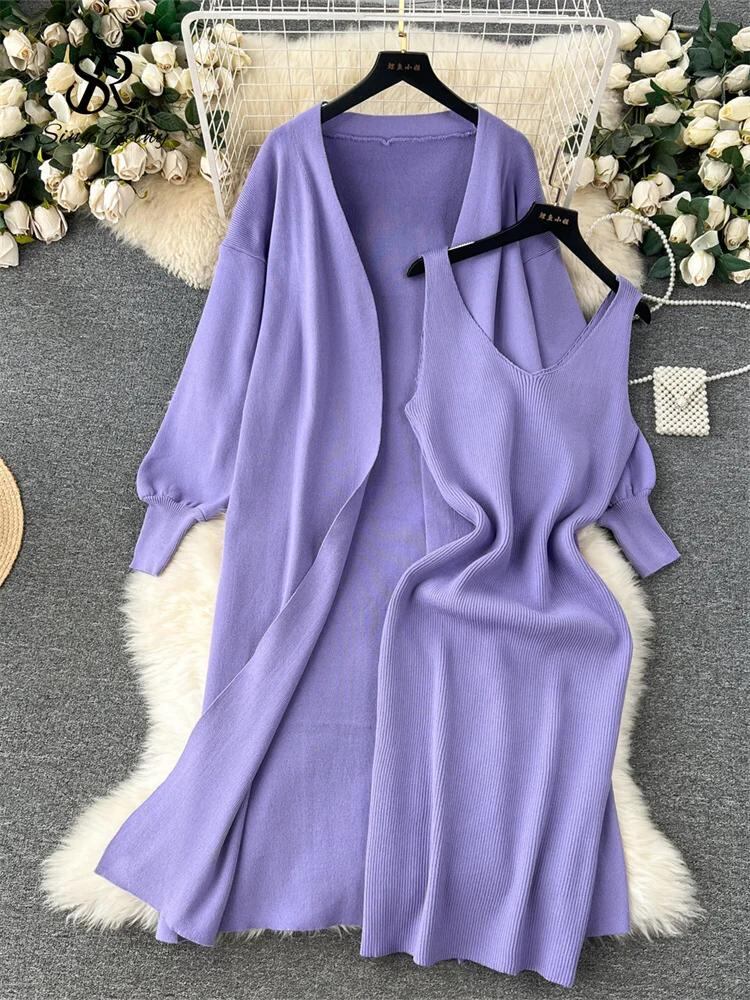 Sing補強-女性の厚手のセーターセット、ルーズニットスーツ、カーディガン、オーバーコート、タンク、Vネックボディコン、スリムドレス、単色、ホームウェア、冬_343