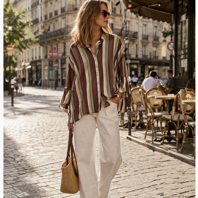 シアーストライプブラウス レディース フリル袖 半袖 透け感 涼しい 体型カバー 大人カジュアル イタリア製