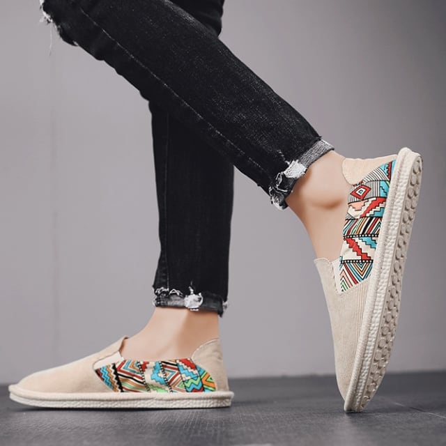 【予約販売】スリッポン メンズ グリーン アイボリー ブラック エスニック柄 キャンバスシューズ コーデュロイ ストリート 靴 シューズ お洒落 カジュアル 24.5cm/25cm/25.5cm/26cm/26.5cm/27cm