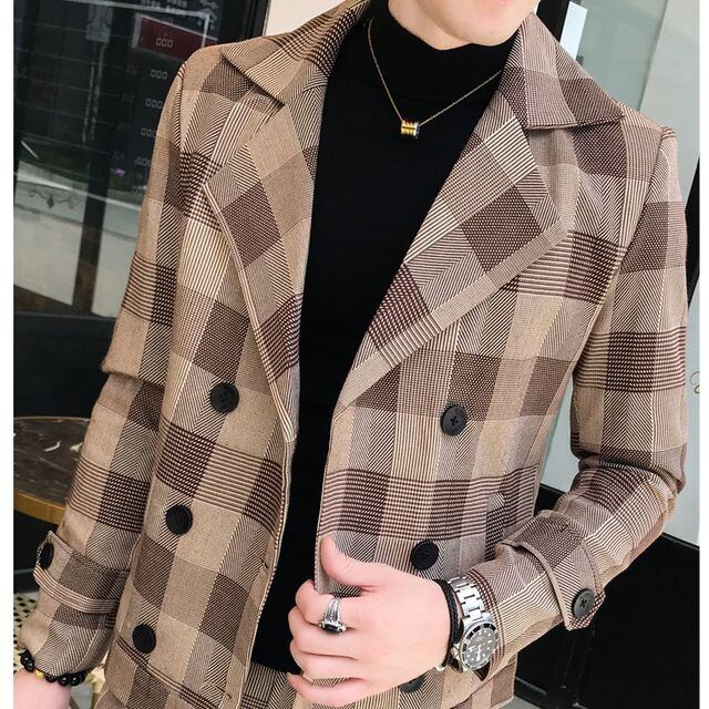 予約販売】メンズ スーツ チェック柄 シック スリム ダブル 男前 予約販売】メンズ スーツ チェック柄 シック スリム ダブル 男前