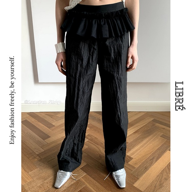 two-tone drawstring high waist wide pants　L0617