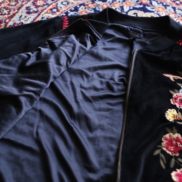 flower embroidery zip up mode jacket