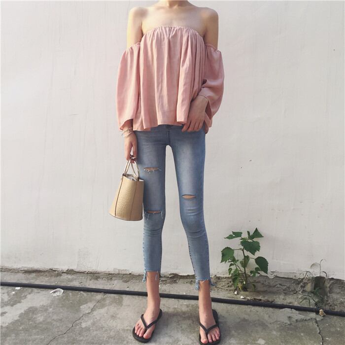 ストラップレス　オフショルシャツ　短め　ピンク　フリーサイズ