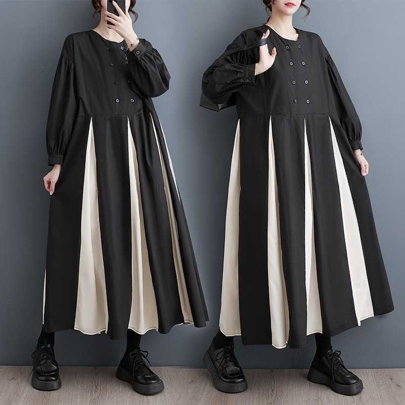 CONTRAST BOX PLEATS ROUND NECK A-LINE LONG SHIRT DRESS 1color M-15653