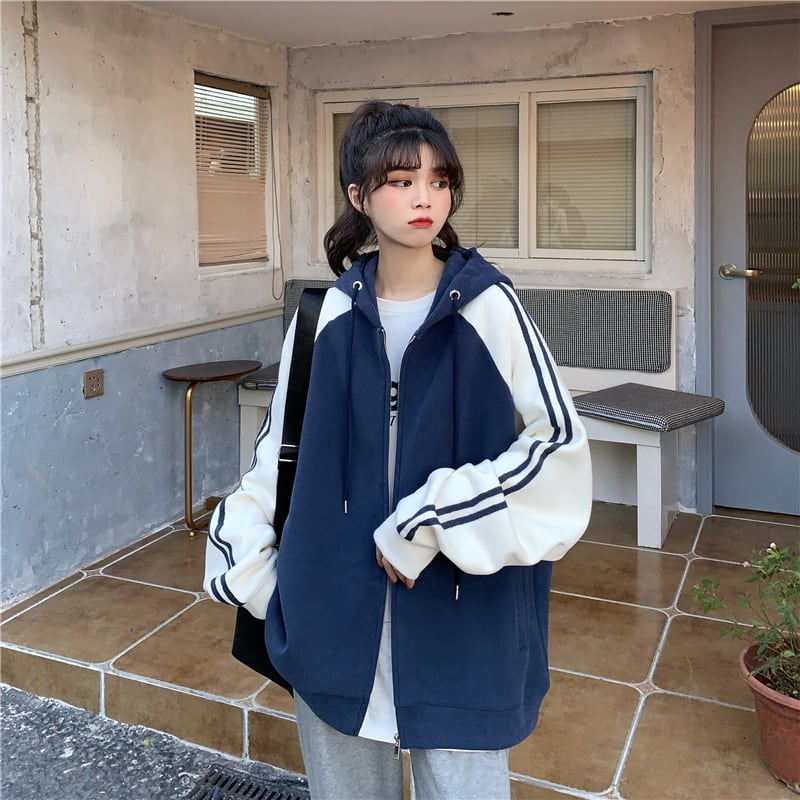 くすみカラー ライン パーカー オーバーサイズ ビッグシルエット フーディー パーカー 大きい バーカー ジップアップ パーカー 長袖 カジュアル  シンプル 韓国 オルチャン 韓国ファッション 新作 秋冬 秋 冬 om 570