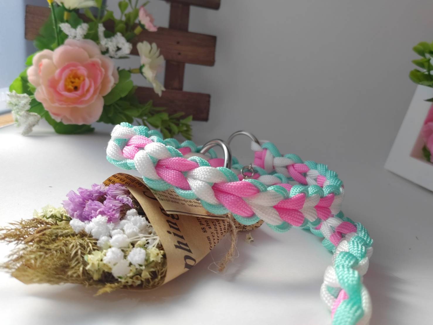 パラコード首輪 ハーフチョーク お花いっぱい ピンク No.0143 中型犬用