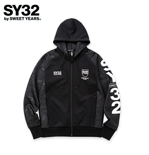 SY32 by SWEET YEARS エスワイサーティトゥ パーカー ジップアップ フルジップ メンズ DOUBLE KNIT EMBOSS  CAMO SHIELD LOGO ZIP HOODIE 13509 BLACK×WHITE | BEES HIGH powered by BASE
