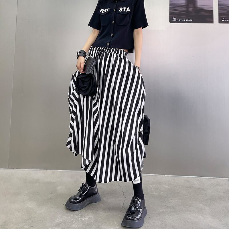 ブラックホワイトストライプスカート サマーハイウェストウェスト薄手Flowerデザイン 夏物 フラワーデザイン ラブタオタオダレンハウス7459487063