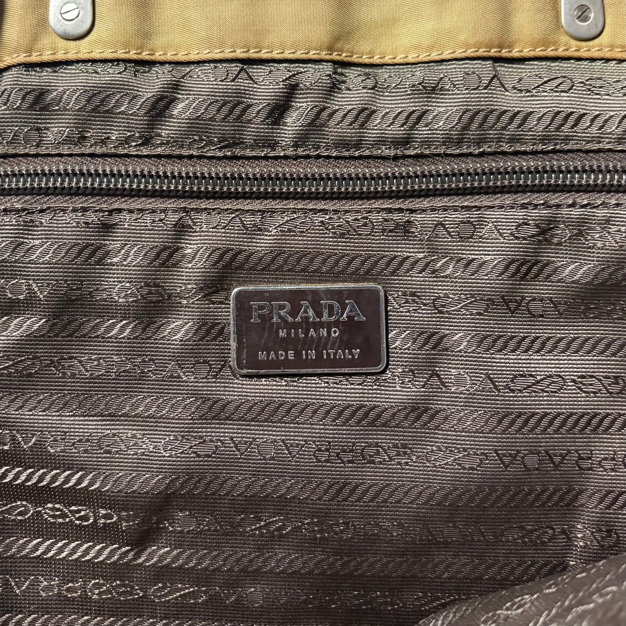 PRADA metal handle beige-khaki nylon hand bag