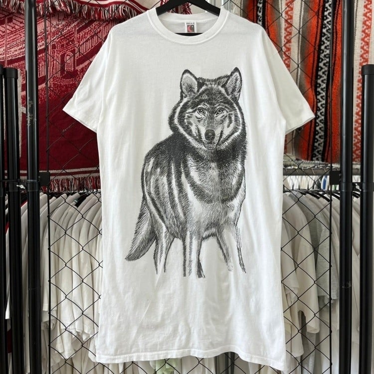 90s USA製 アニマル系 半袖Tシャツ 狼 プリントデザイン ワンサイズ