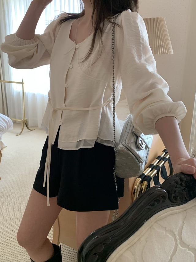 (予約) mellounge  / Loose-fit rumi shirring strap blouse 3color
