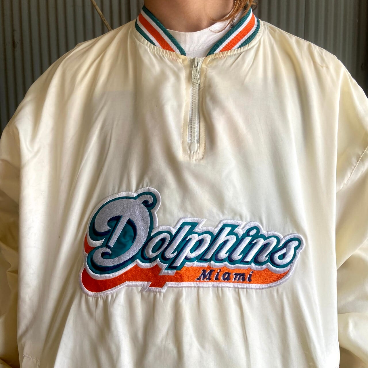 Reebok リーボック NFL マイアミ・ドルフィンズ ナイロンプルオーバージャケット メンズXL相当 古着 Miami Dolphins  チームロゴ刺繍 ウォームアップ ホワイト 白【ナイロンジャケット】 | cave 古着屋【公式】古着通販サイト