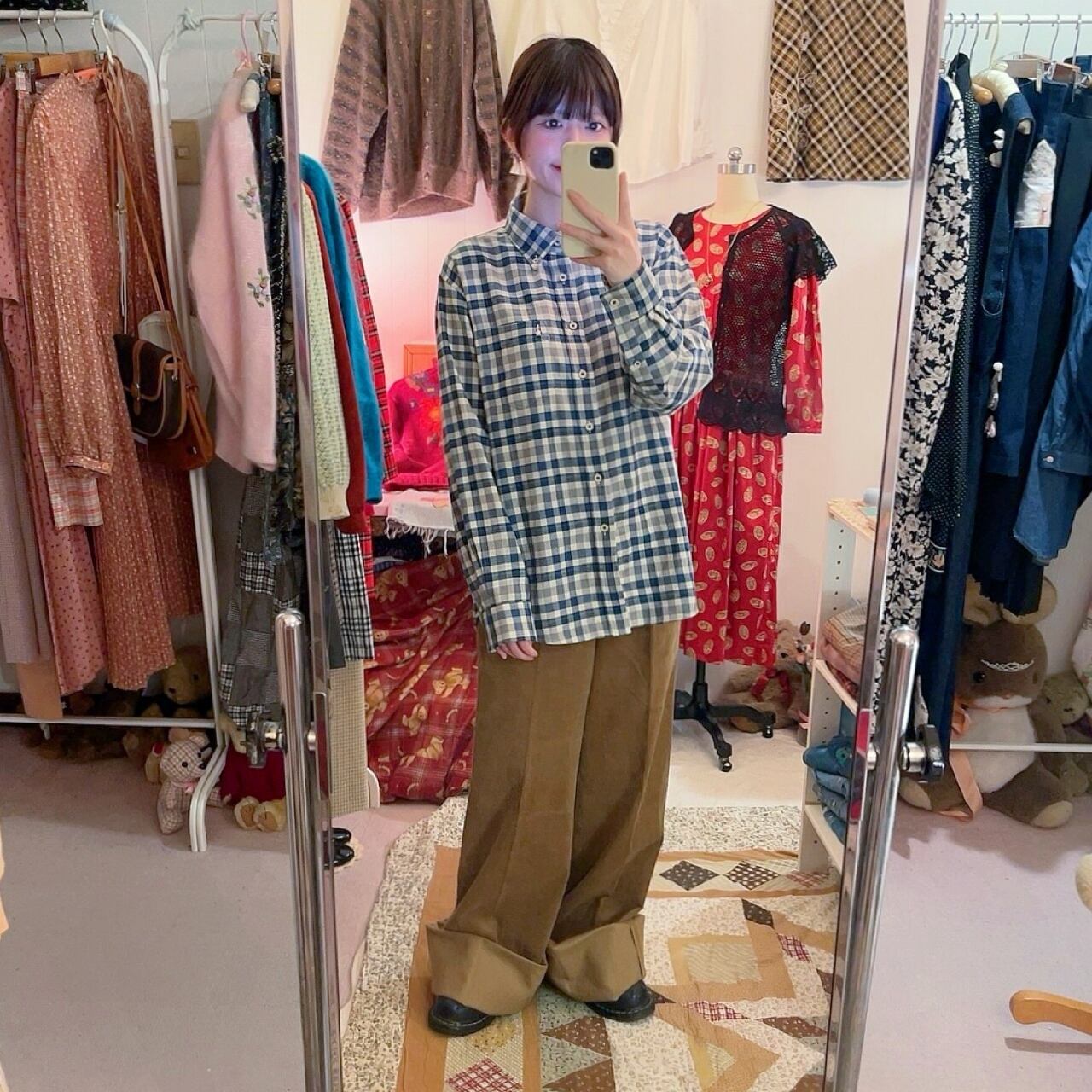 blue green check flannel shirt