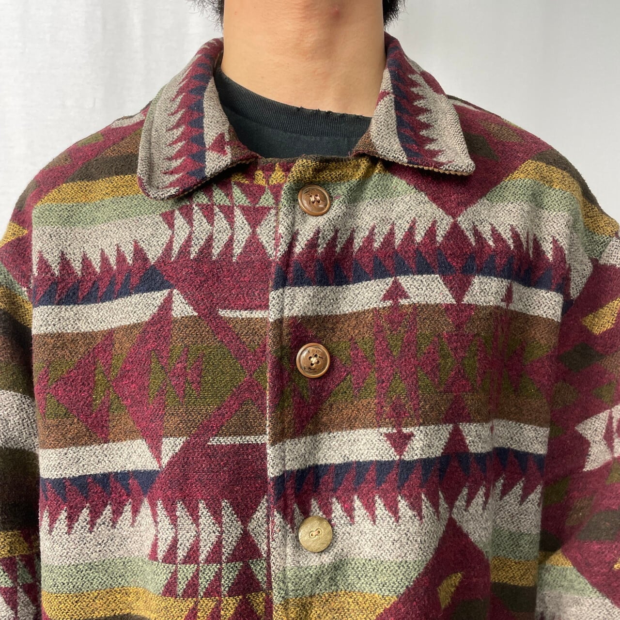 BLUE LINE ウールジャケット ネイティブ柄 メンズXL相当 古着 レッド