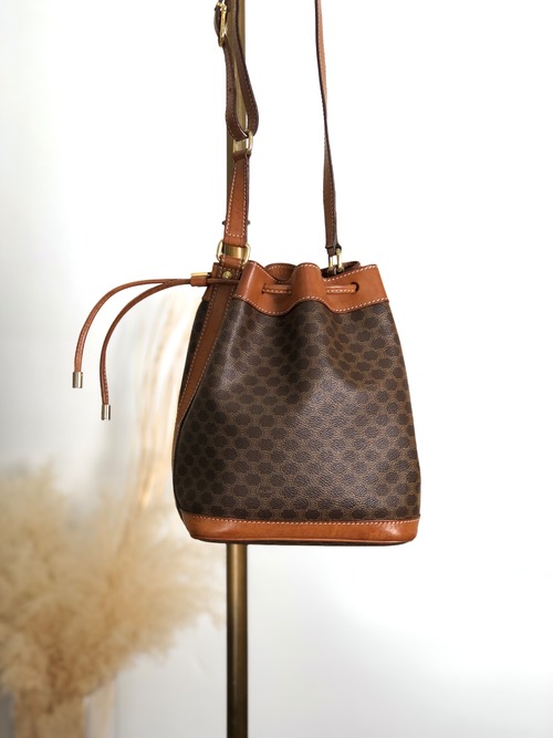 CELINE セリーヌ マカダム ショルダーバッグ ブラウン PVC レザー ミニバッグ 巾着 vintage ヴィンテージ オールド keyfvw