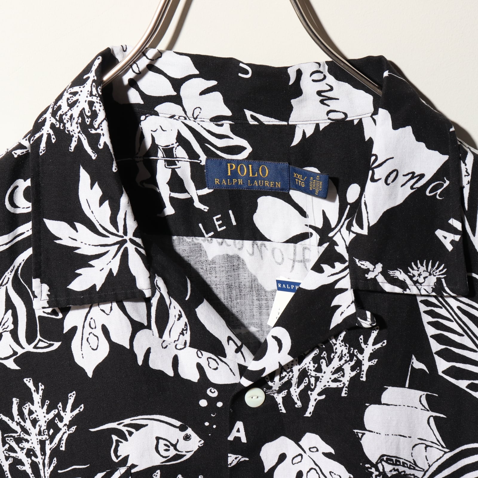 新品 2XL ポロラルフローレン 半袖開襟アロハシャツ 総柄 黒 ブラック 
