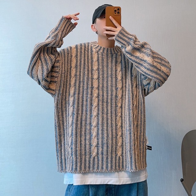 予約販売】ニット セーター オーバーサイズ ストライプ柄 リバーシブル 