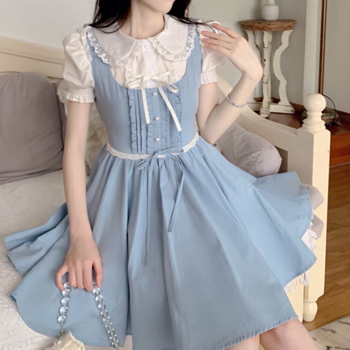 ワンピース デニム 水色 ワンピース リボン 上品 発表会 エレガント 赤