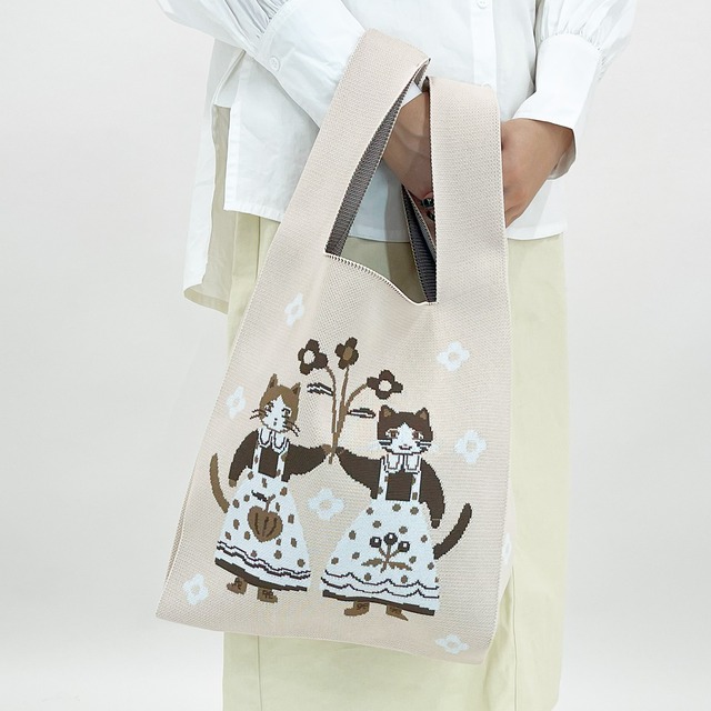 【Aiko Fukawa】布川愛子 KNIT MARCHE BAG  お花を掲げる猫たち ニットマルシェバッグ