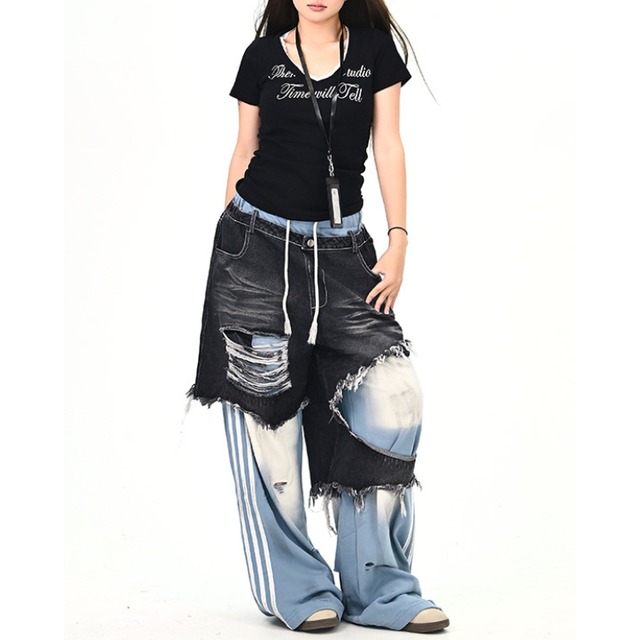 distressed fake two-piece pants　ダメージフェイクツーピースパンツ　J1423