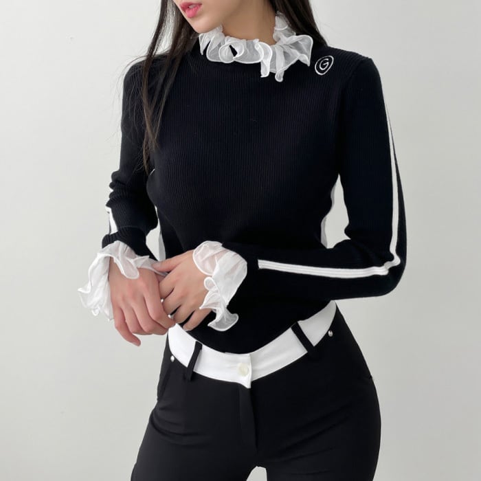 フリルモックネックリブニットトップス