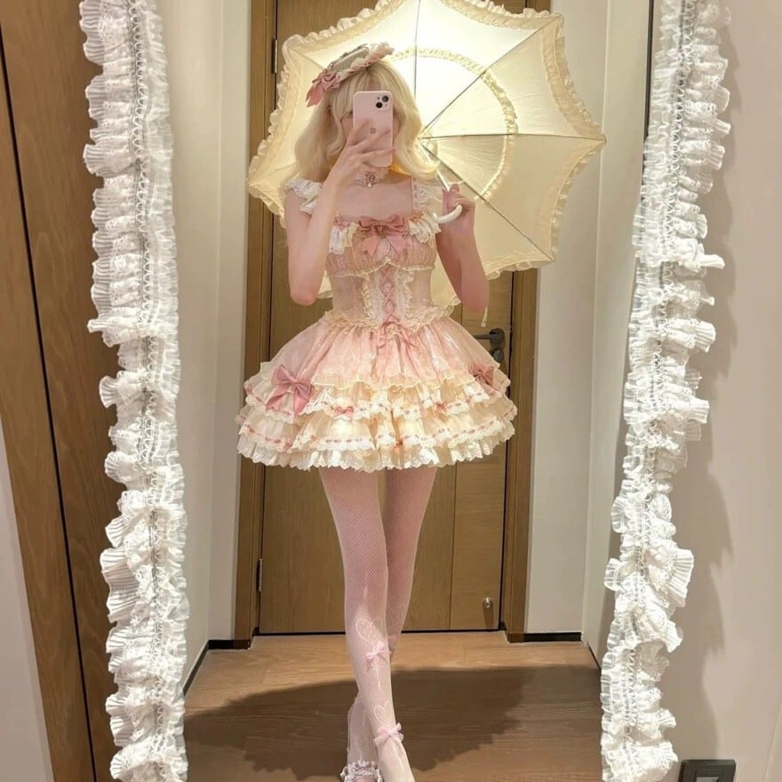 甘ロリ ピンクリボンレースJSK ミニ丈フリルジャンパースカート