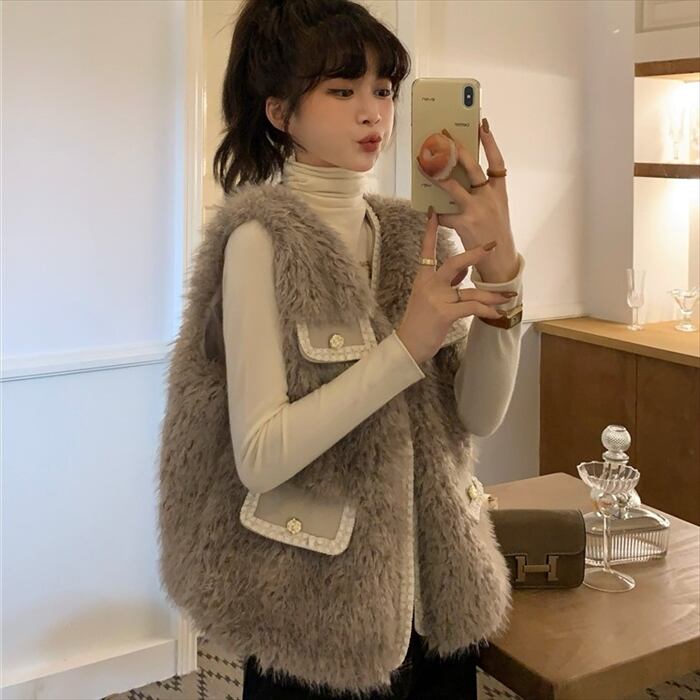 【M】ベストモコモコ あったか パープル 軽い 主婦 重ね着 ポケットストライプ