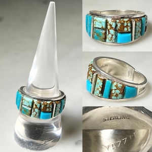 EDISON YAZZIE silver inlay ring set with turquoise