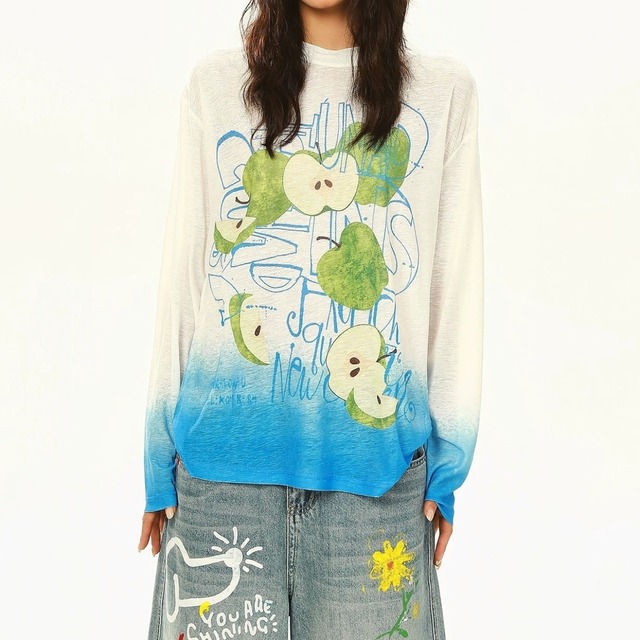アップルグラフィックグラデーションロングTシャツ 2col R02582