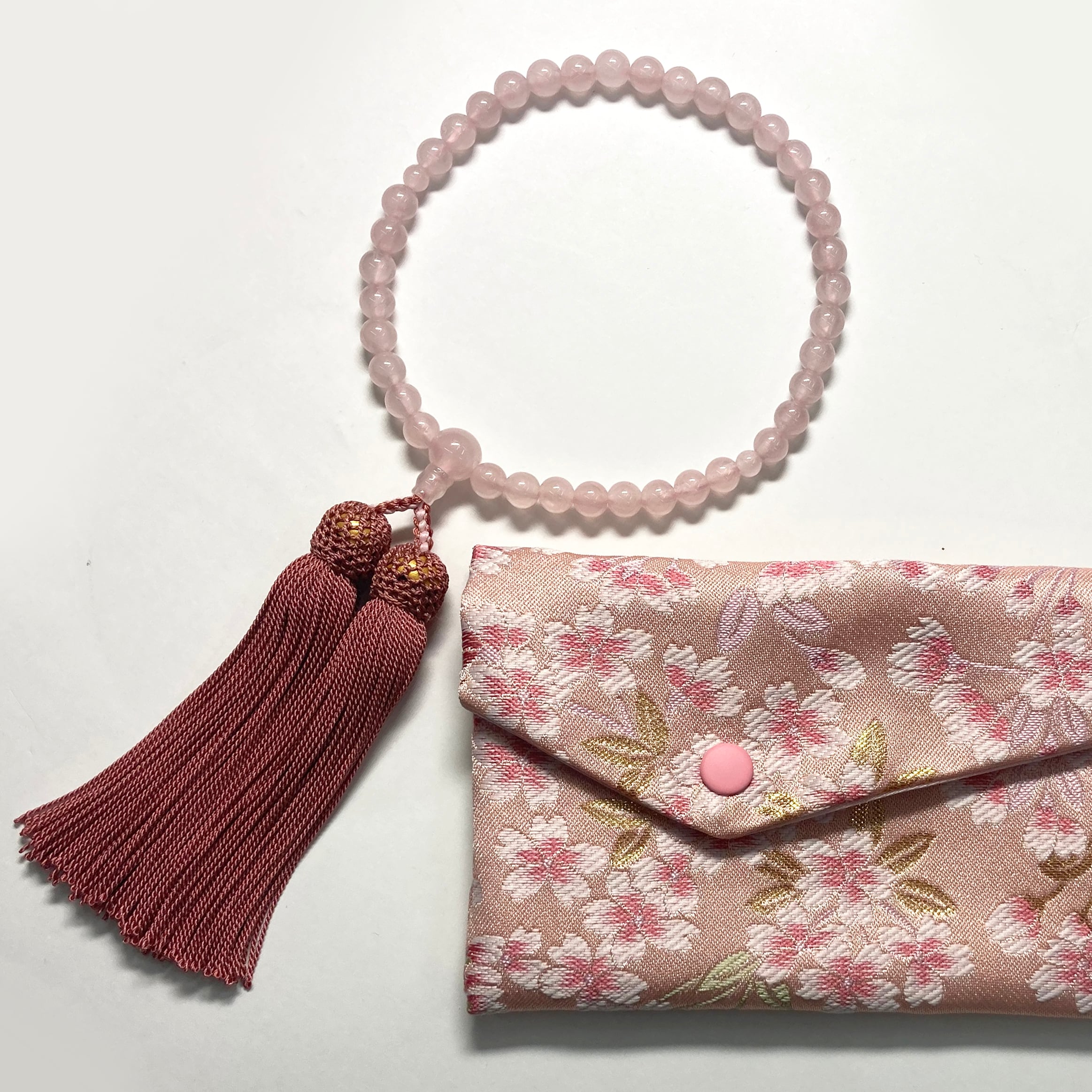 略式念珠 ローズクオーツ共仕立 正絹房 念珠袋付 | sankodoshop