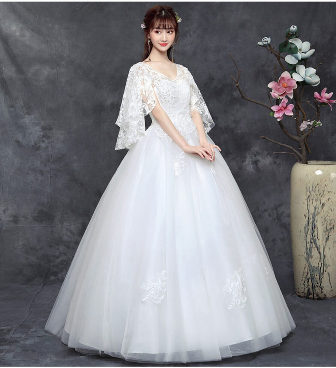 ウエディングドレス 花嫁 二次会 ドレス 結婚式 ドレス 袖あり 深V 