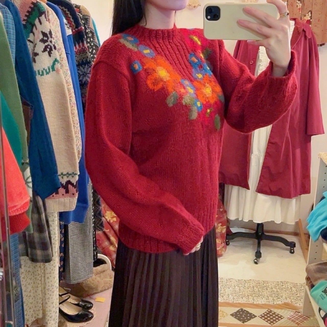 colorful flower bordeaux knit sweater