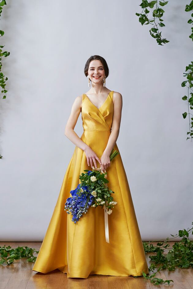 カラードレス 鬱金色 スレンダーライン 光沢サテン ファスナー ロング  