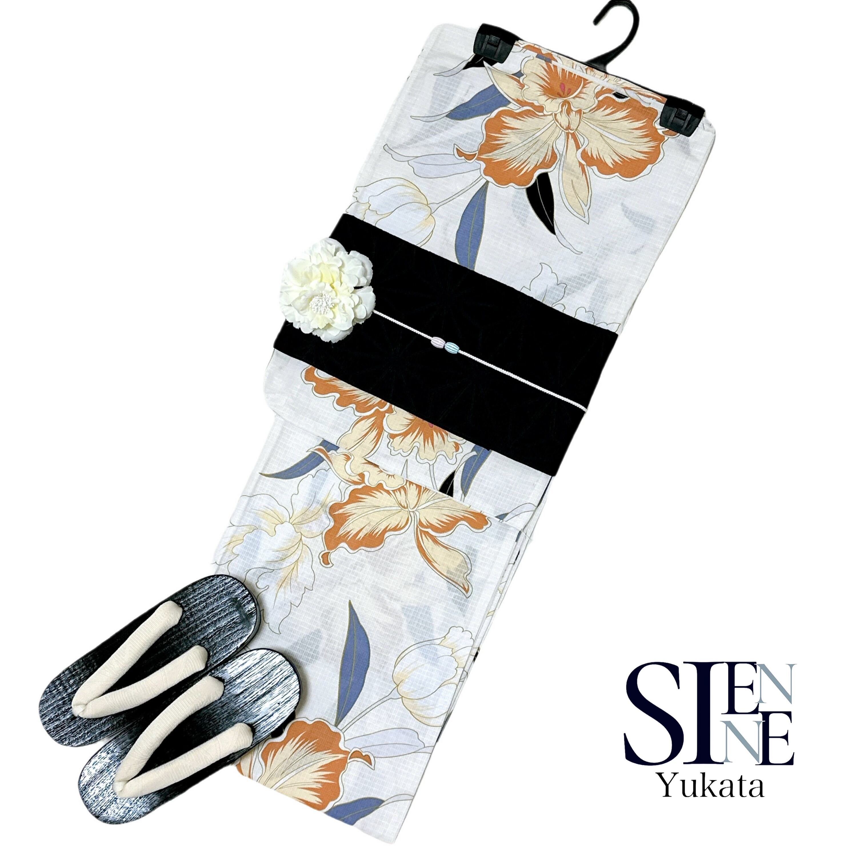 浴衣ジェンヌ 新作 浴衣5点セット 白 黒 浴衣 ゆかた 半幅帯 浴衣ジェンヌ 浴衣5点セット 白地 黒 ポリエステル ゆかた 半幅